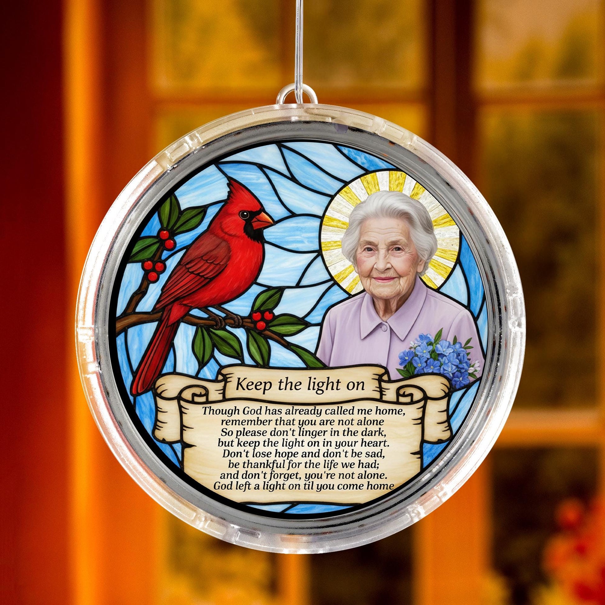 Personalized Memorial LED Suncatcher – Window Hanging Keepsake – “Keep the Light On” Tribute Gift