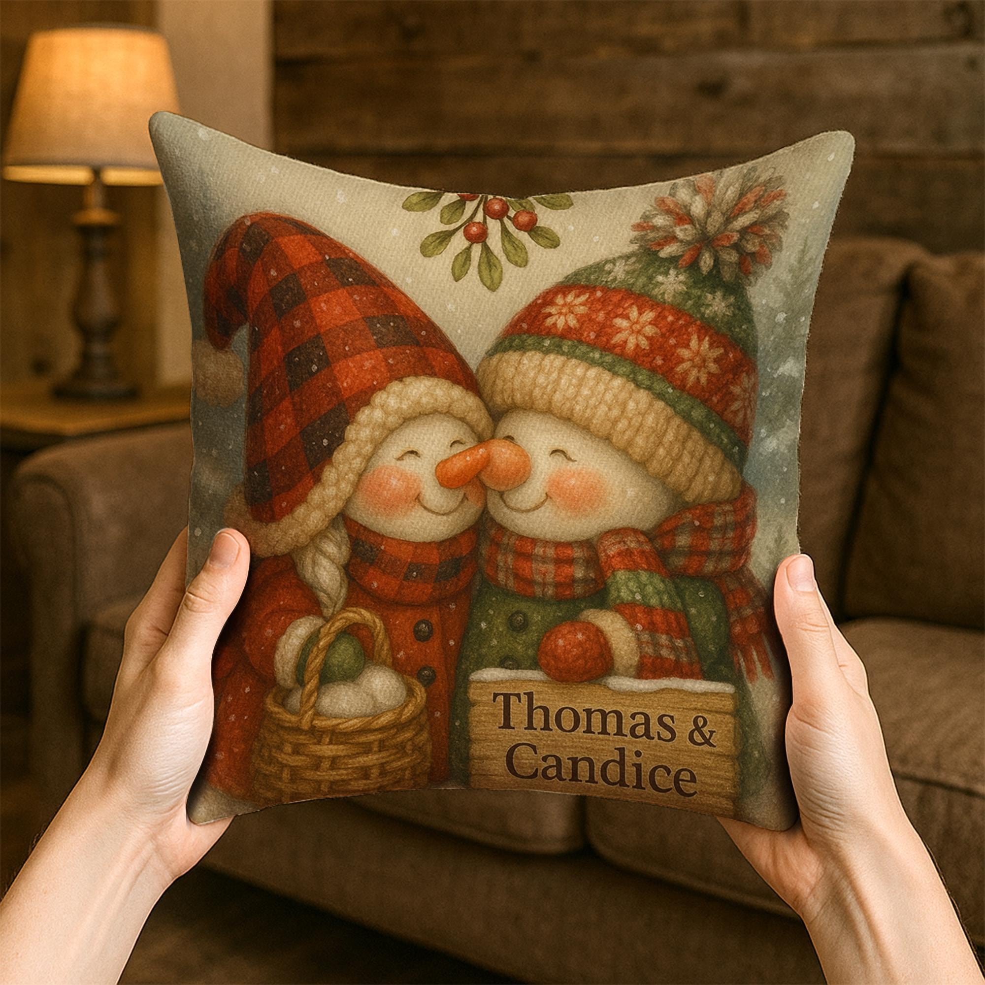 Custom Snow Couple Pillow – Holiday Decor with Names