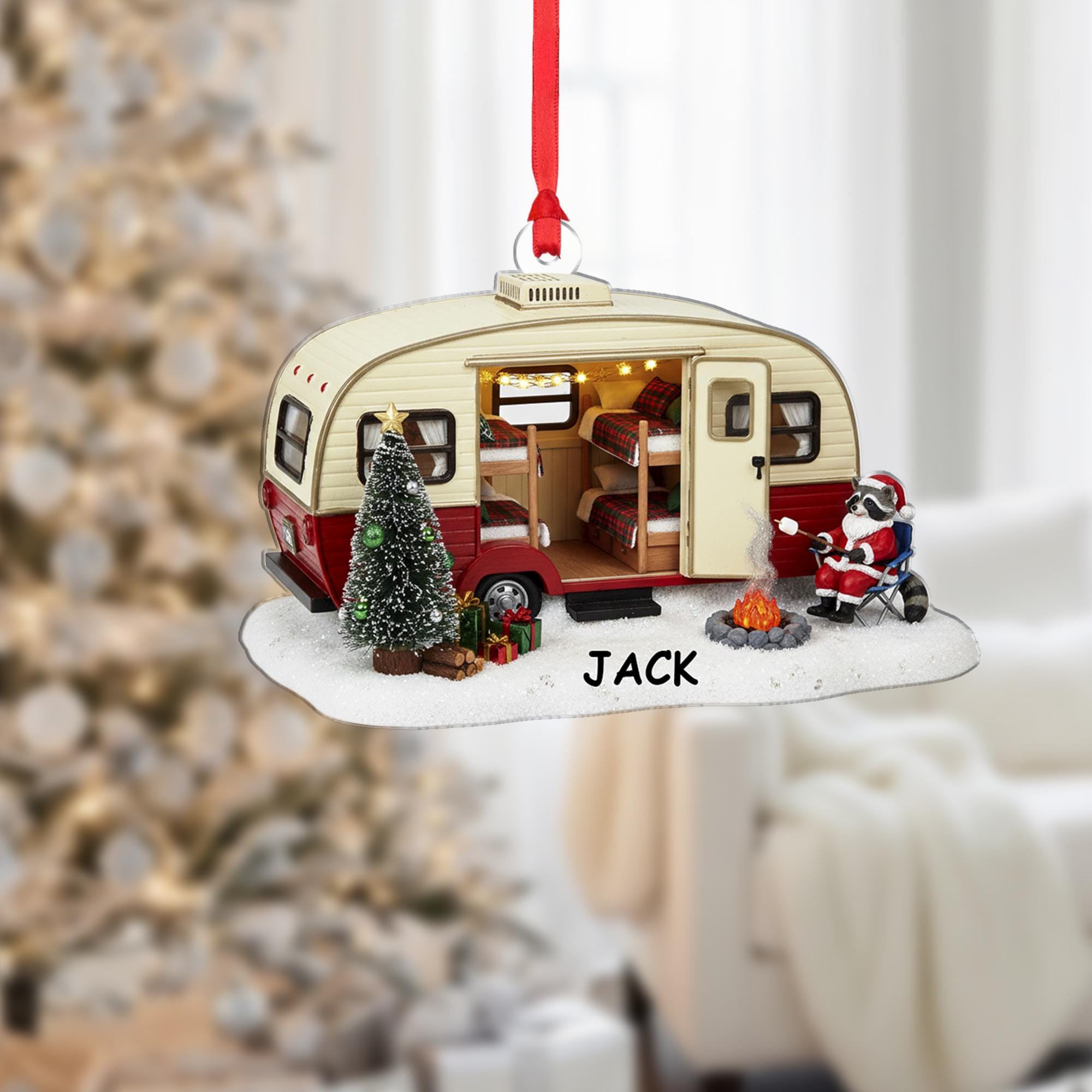Personalized Camper & Raccoon Christmas Ornament | Custom Name Travel Trailer Holiday Decor Gift