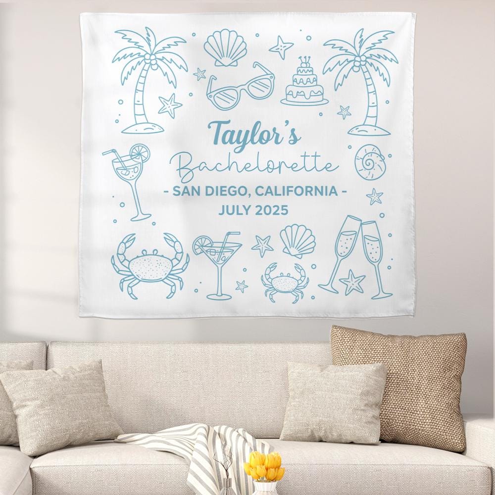 Beach Bachelorette Party Tapestry – Personalized Bridal Shower Backdrop