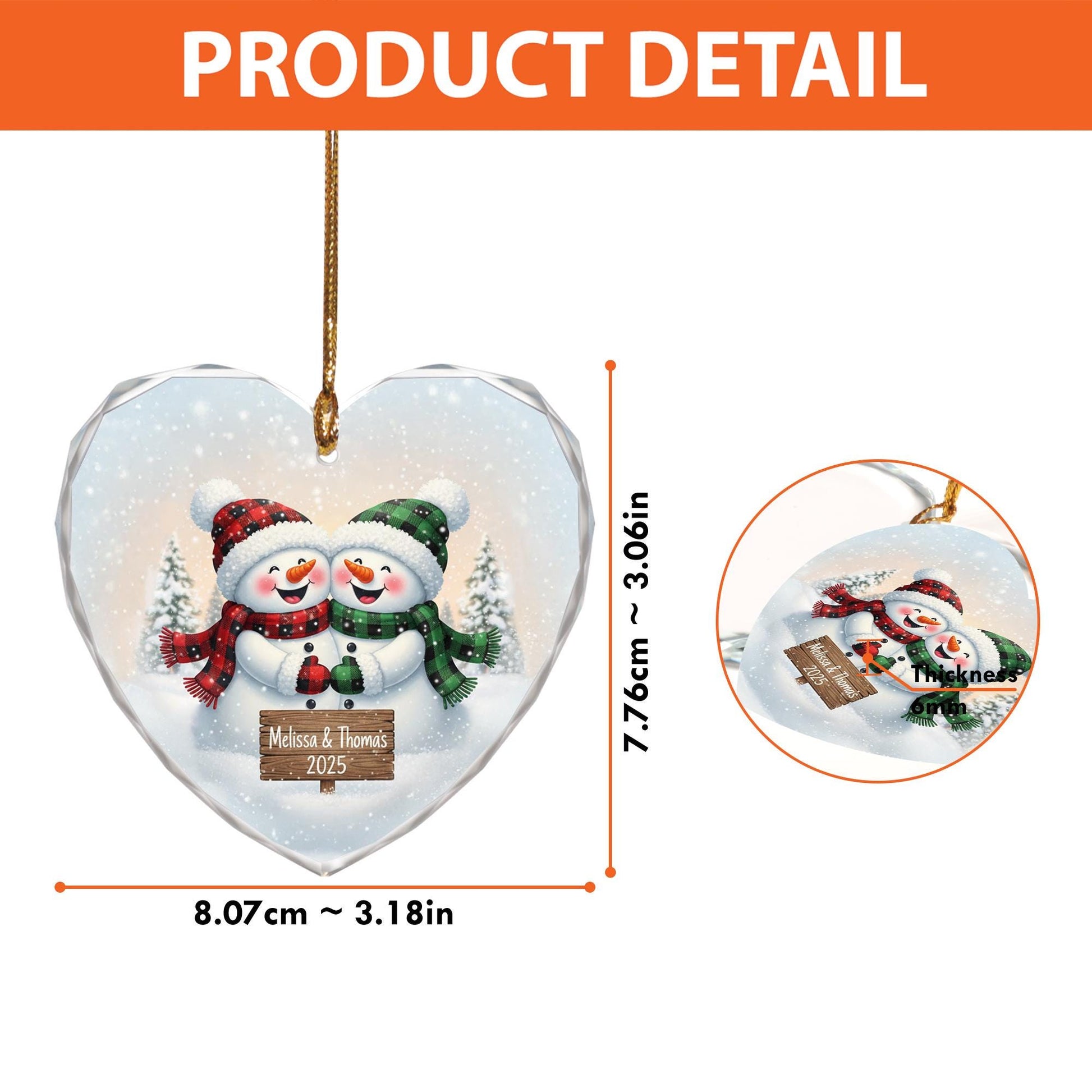Heart Glass Ornament, Personalized Couple Snowman Design with Names & Year