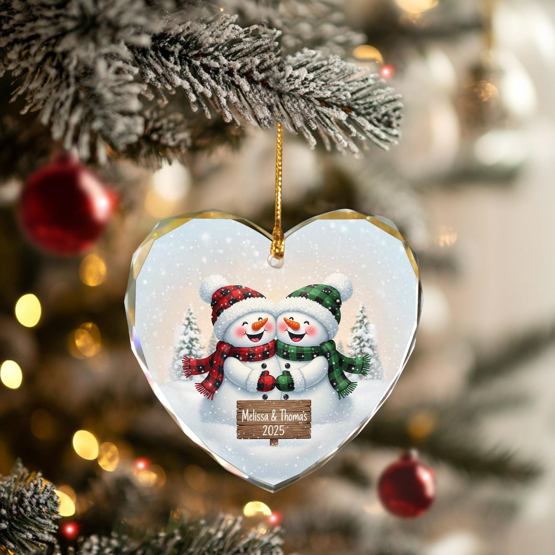 Heart Glass Ornament, Personalized Couple Snowman Design with Names & Year