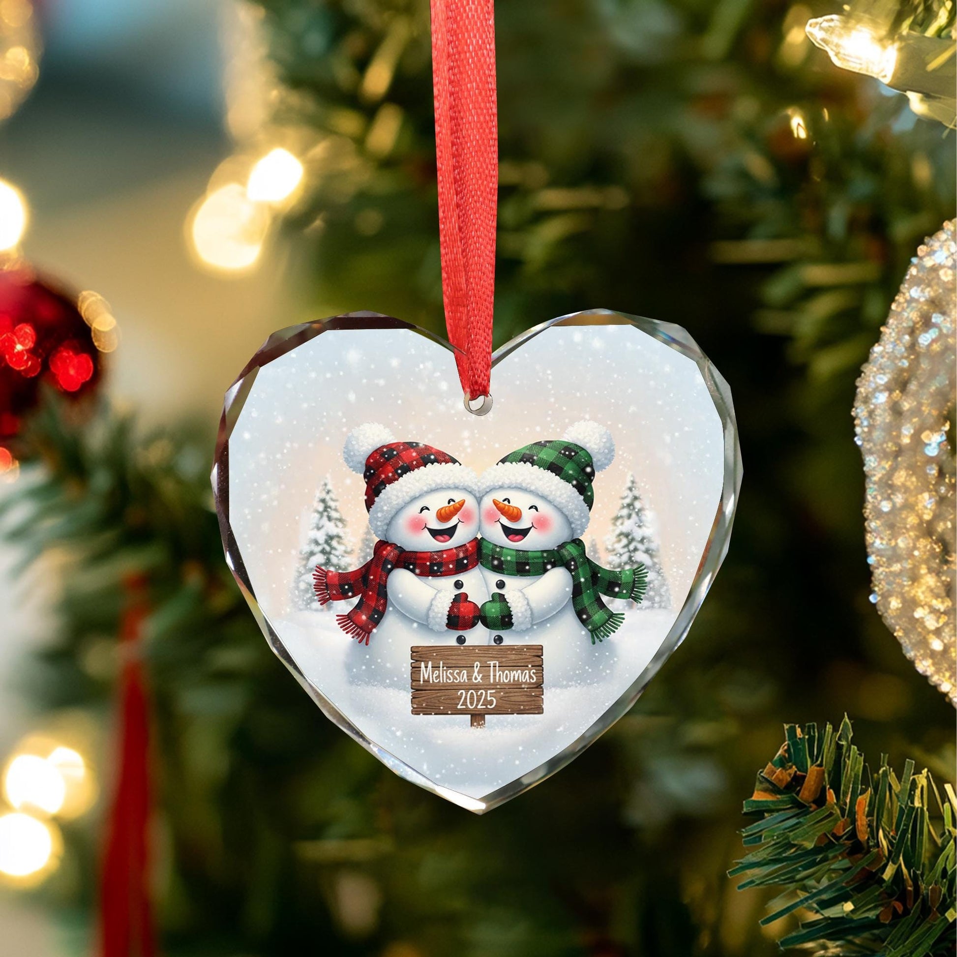 Heart Glass Ornament, Personalized Couple Snowman Design with Names & Year