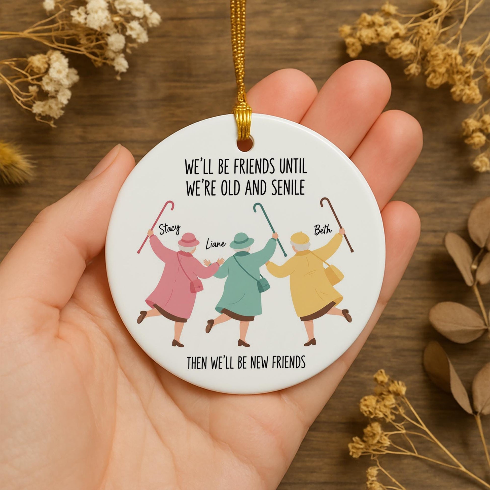 Ceramic Ornament, Personalized Friends Silhouette Design with Names & Quote