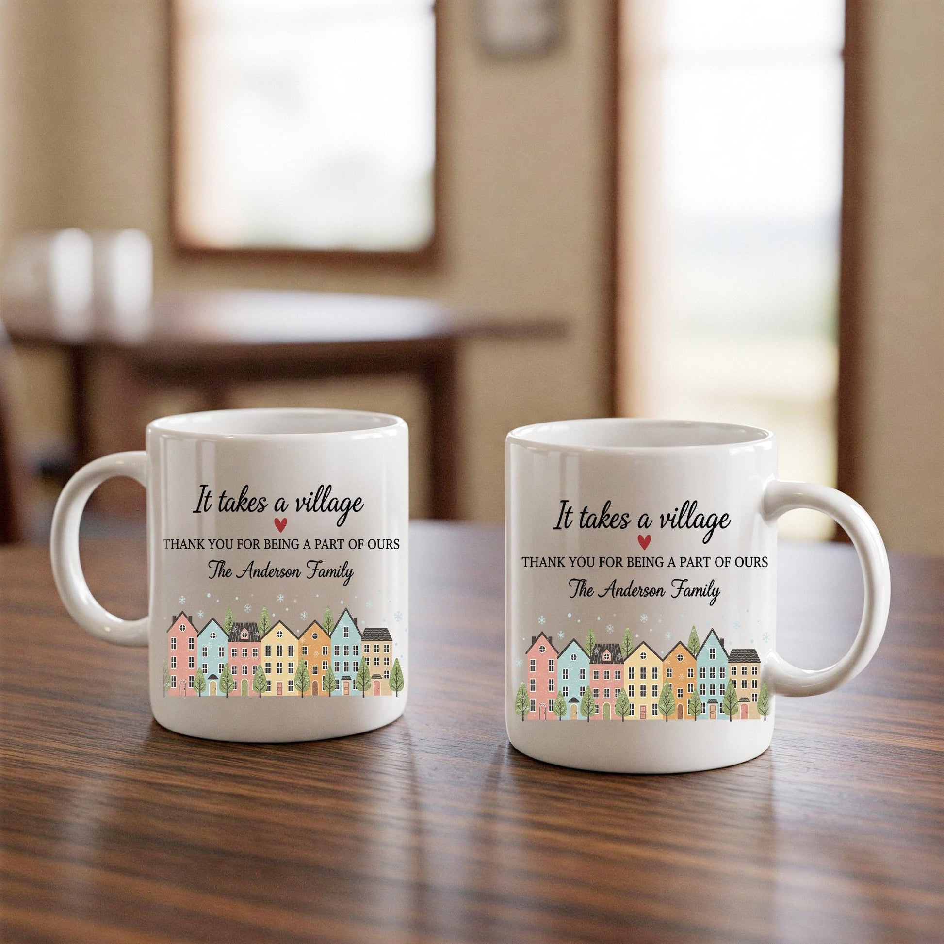 Custom Family Mug – It Takes a Village Quote, Personalized House Design Coffee Cup