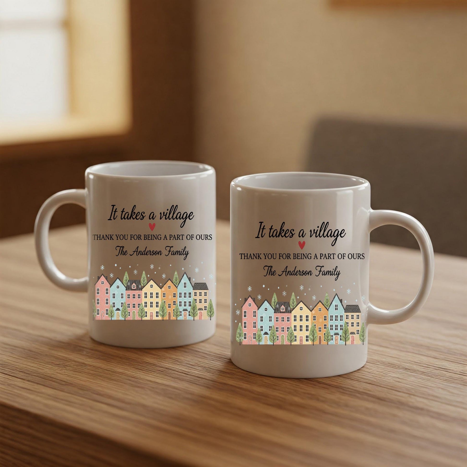 Custom Family Mug – It Takes a Village Quote, Personalized House Design Coffee Cup