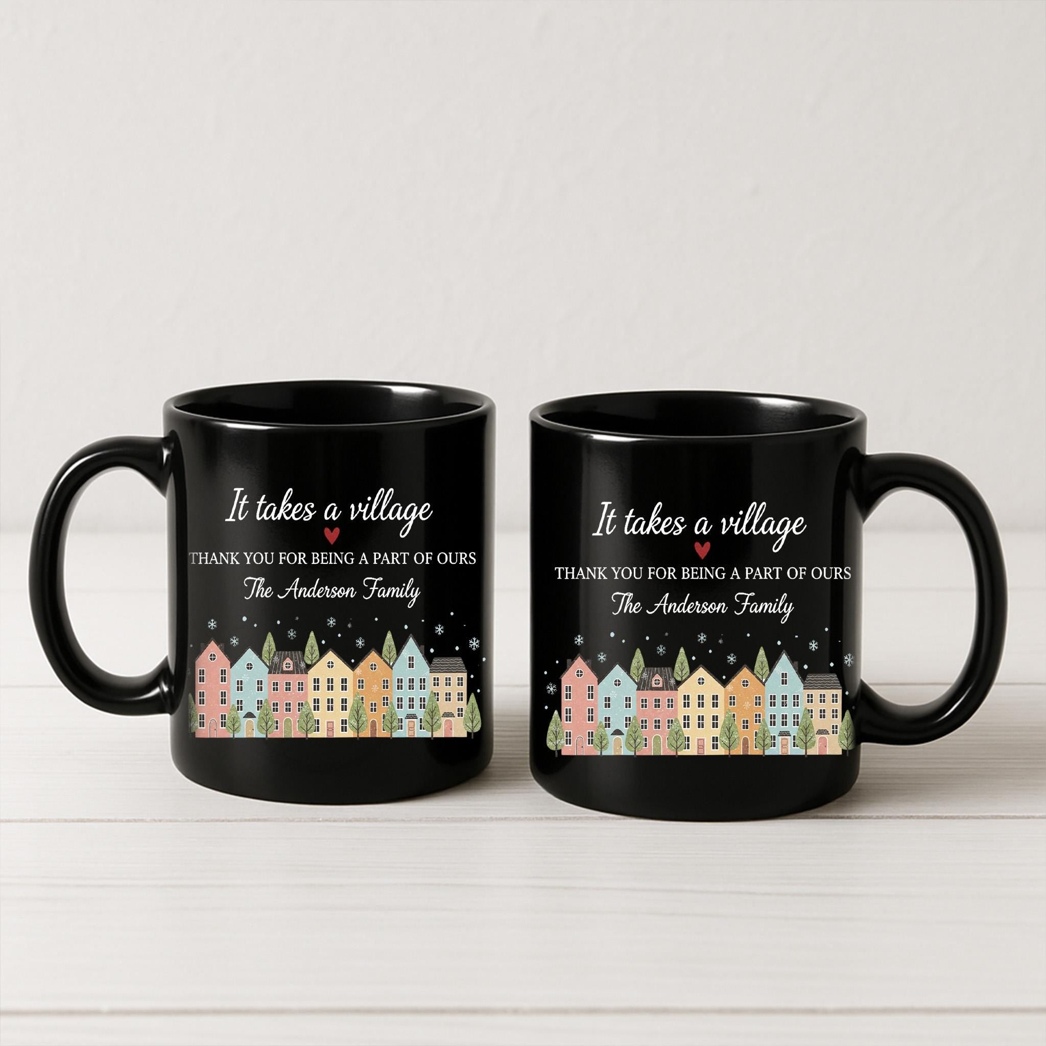 Custom Family Mug – It Takes a Village Quote, Personalized House Design Coffee Cup