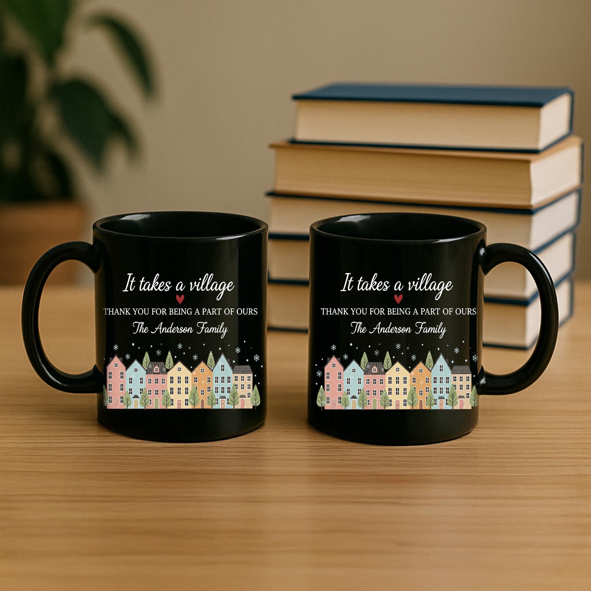 Custom Family Mug – It Takes a Village Quote, Personalized House Design Coffee Cup