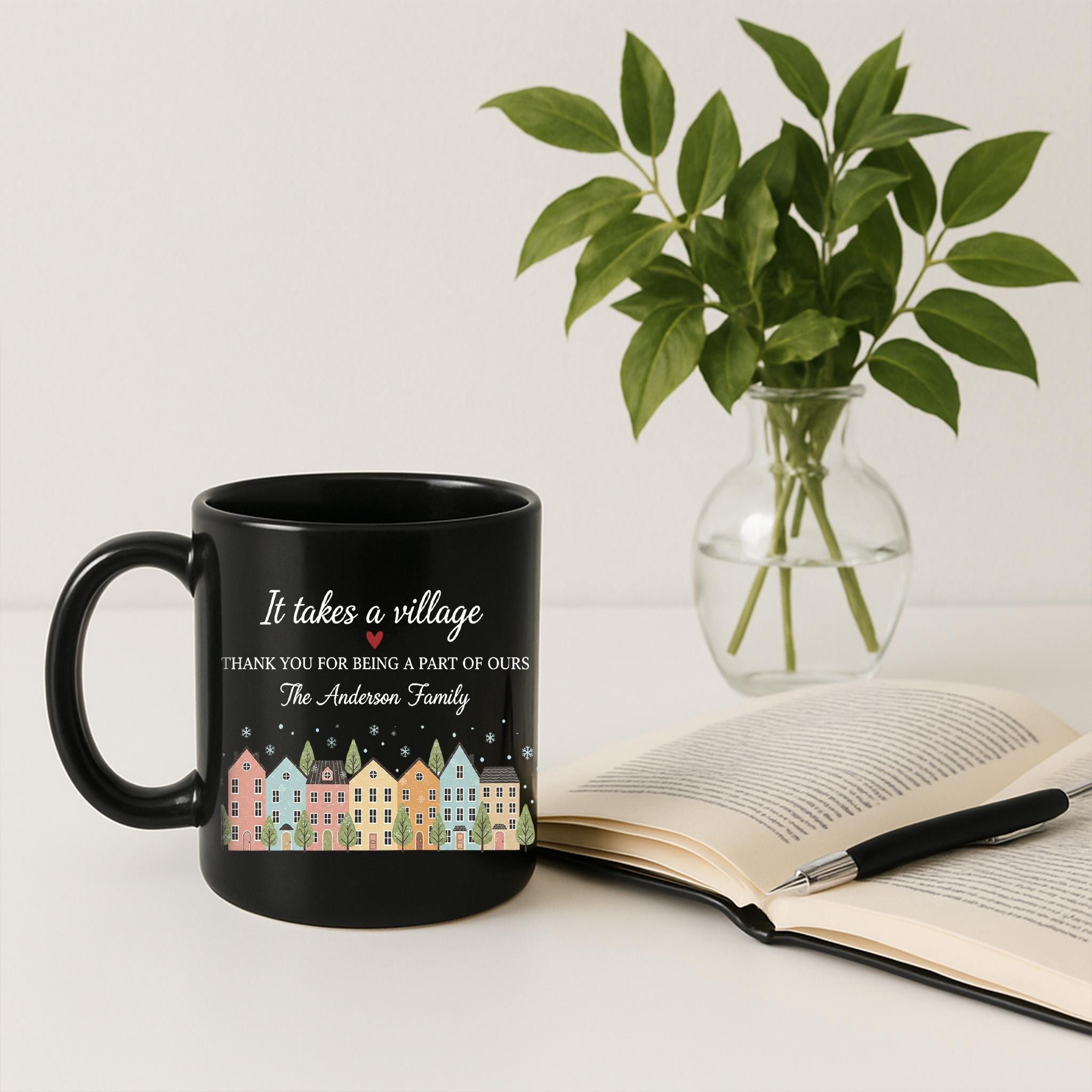Custom Family Mug – It Takes a Village Quote, Personalized House Design Coffee Cup