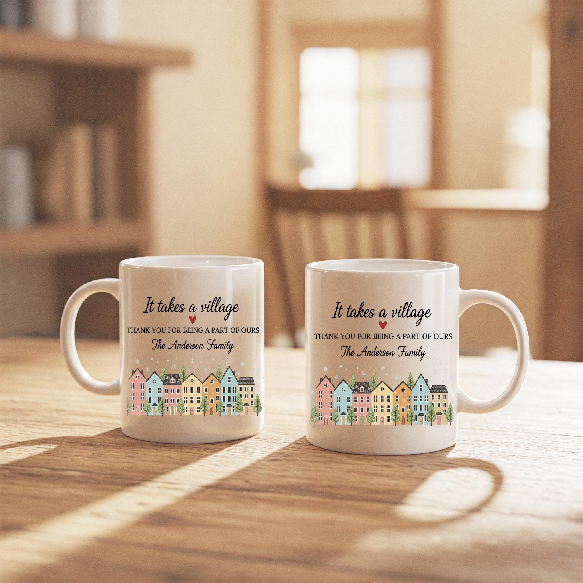 Custom Family Mug – It Takes a Village Quote, Personalized House Design Coffee Cup