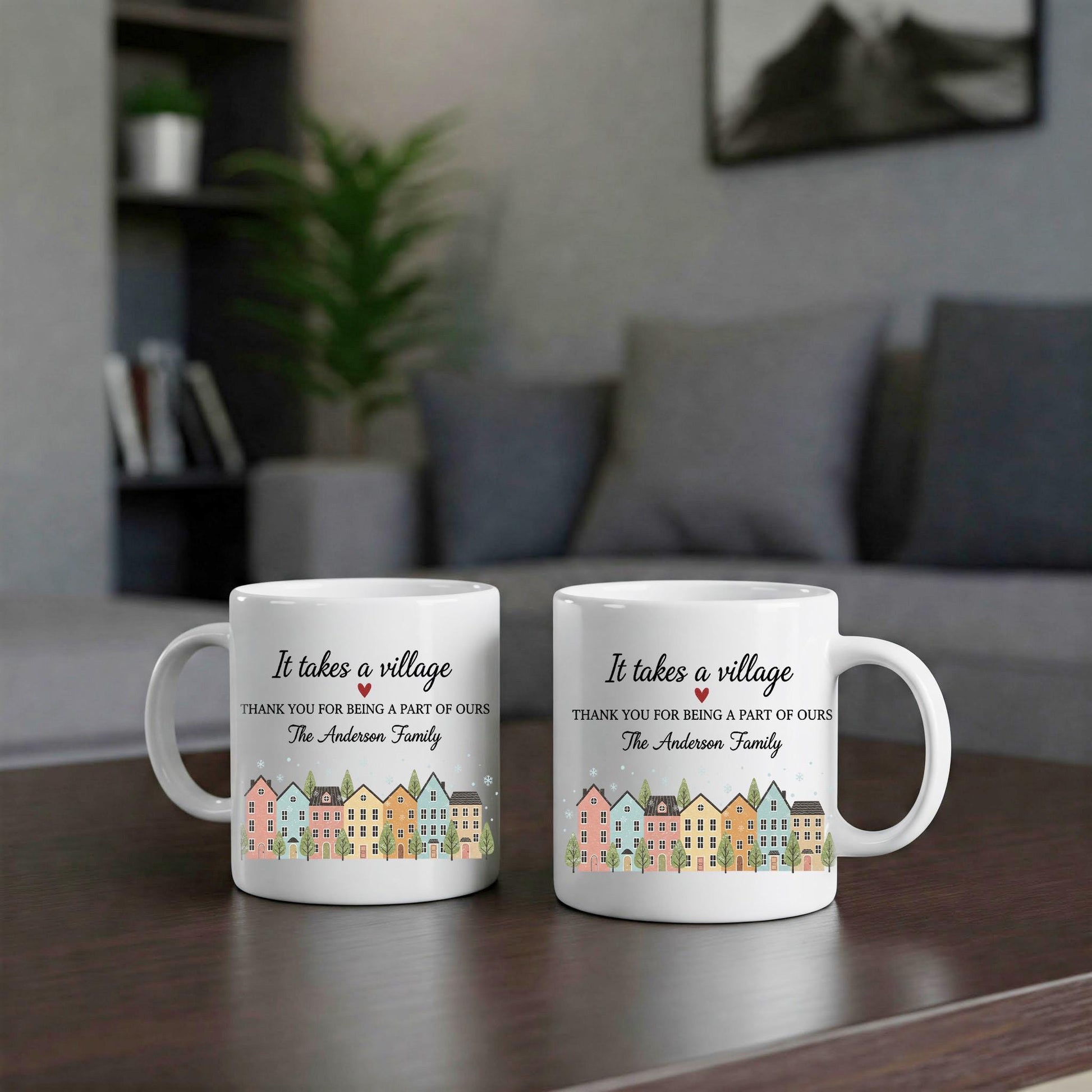Custom Family Mug – It Takes a Village Quote, Personalized House Design Coffee Cup