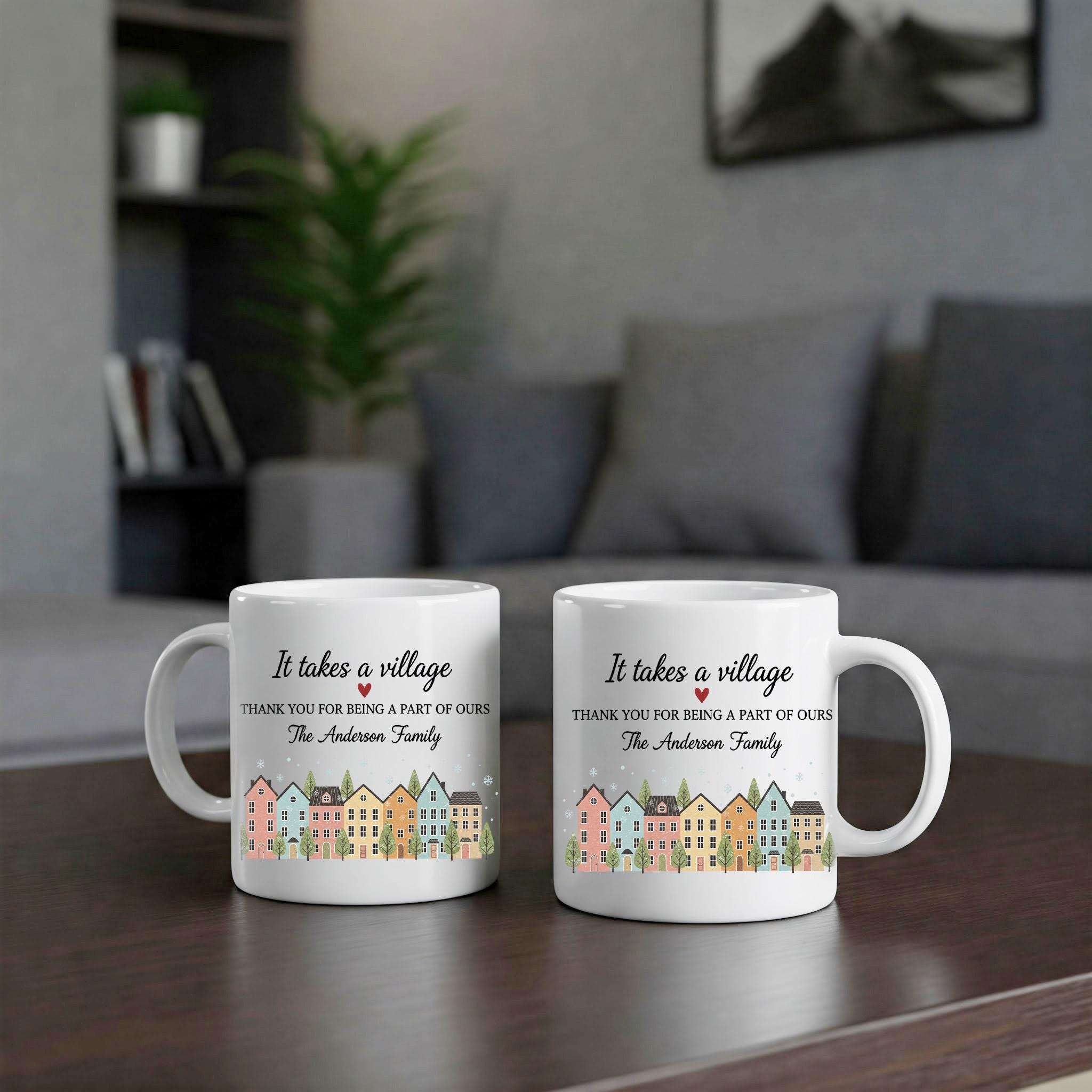 Custom Family Mug – It Takes a Village Quote, Personalized House Design Coffee Cup