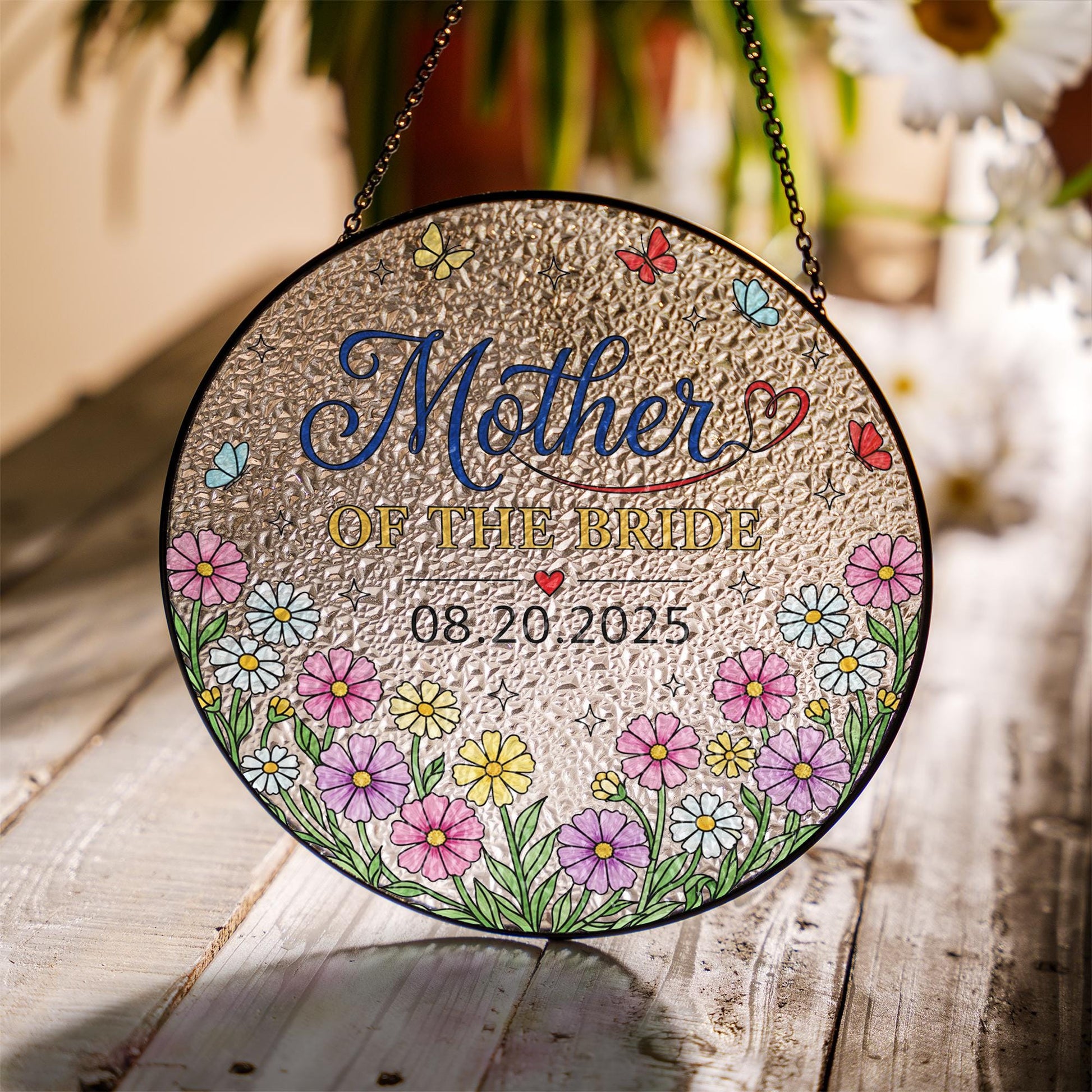 Custom Mother of the Bride Suncatcher – Round Faux Stained Glass Floral Window Hanging Decor