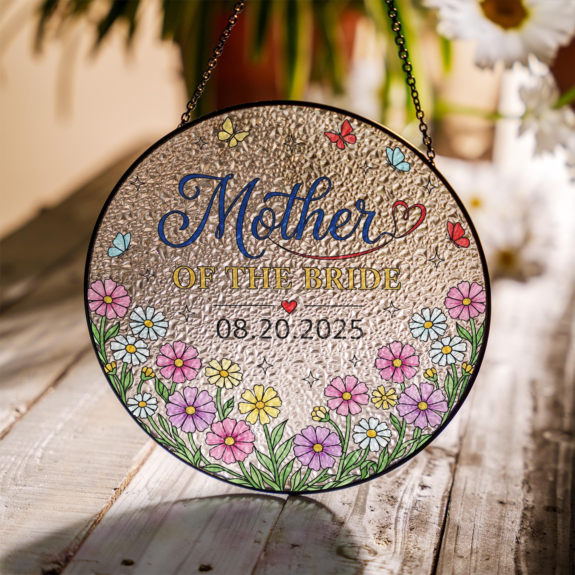 Custom Mother of the Bride Suncatcher – Round Faux Stained Glass Floral Window Hanging Decor