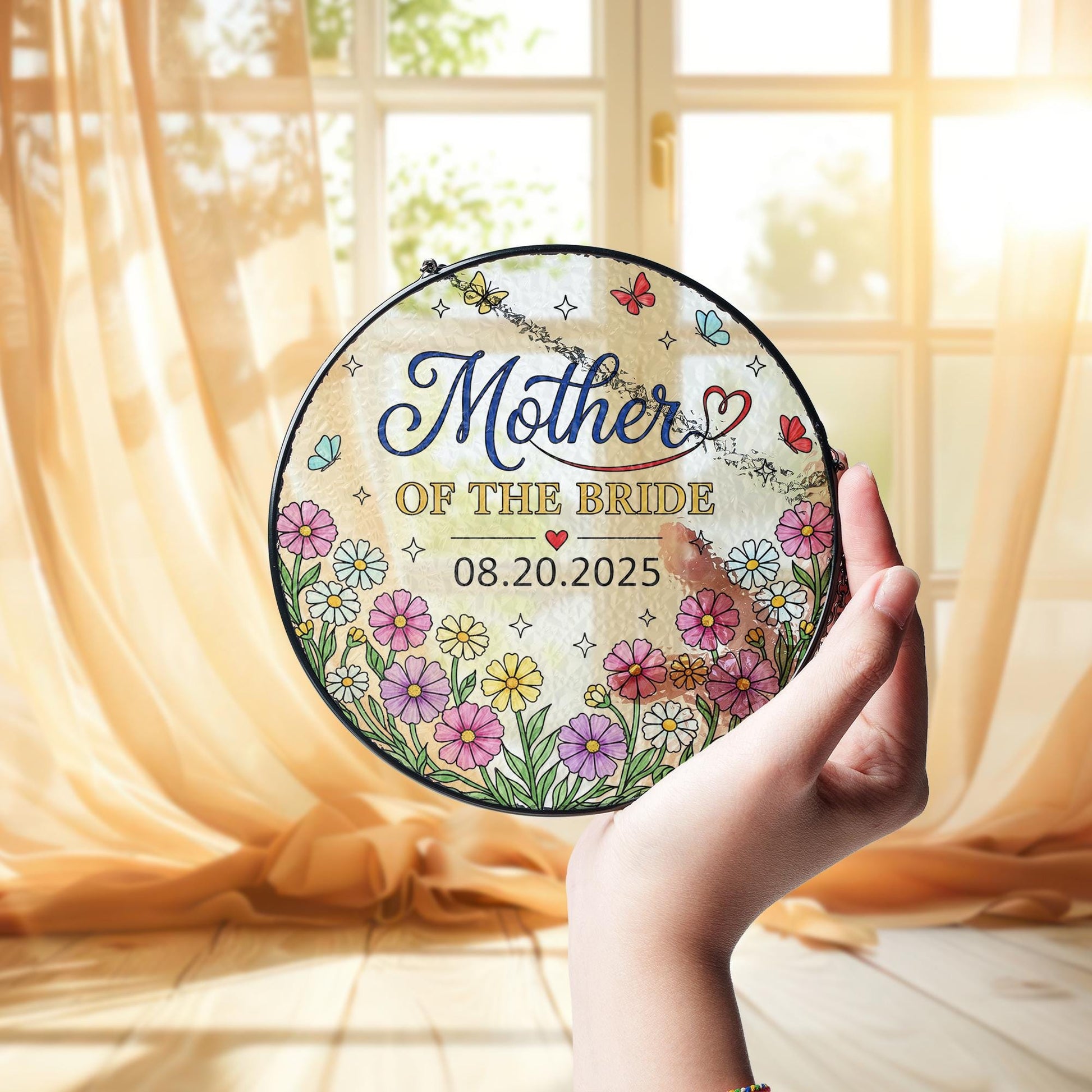 Custom Mother of the Bride Suncatcher – Round Faux Stained Glass Floral Window Hanging Decor
