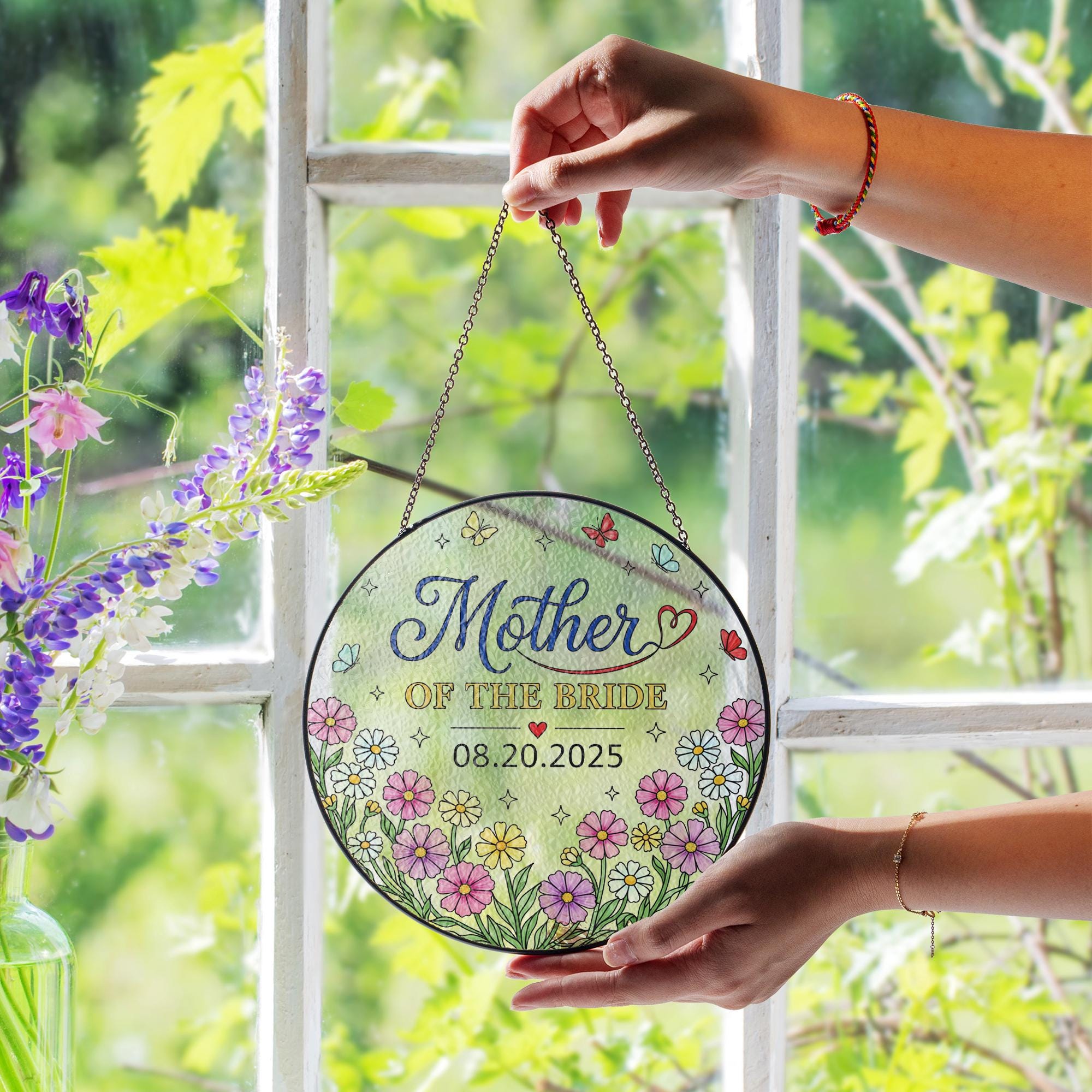 Custom Mother of the Bride Suncatcher – Round Faux Stained Glass Floral Window Hanging Decor