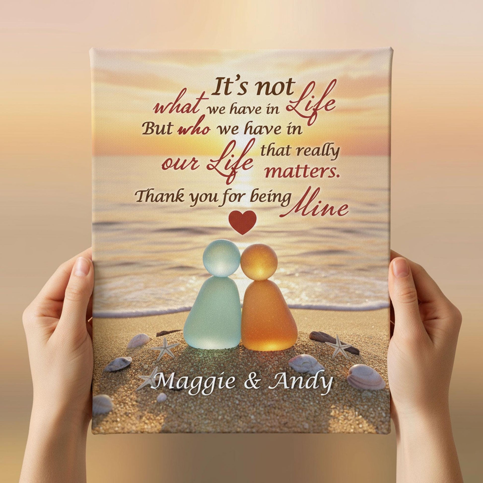 Custom Sea Glass Couple Canvas: Personalized Beach Sunset Anniversary Gift, Wedding Keepsake