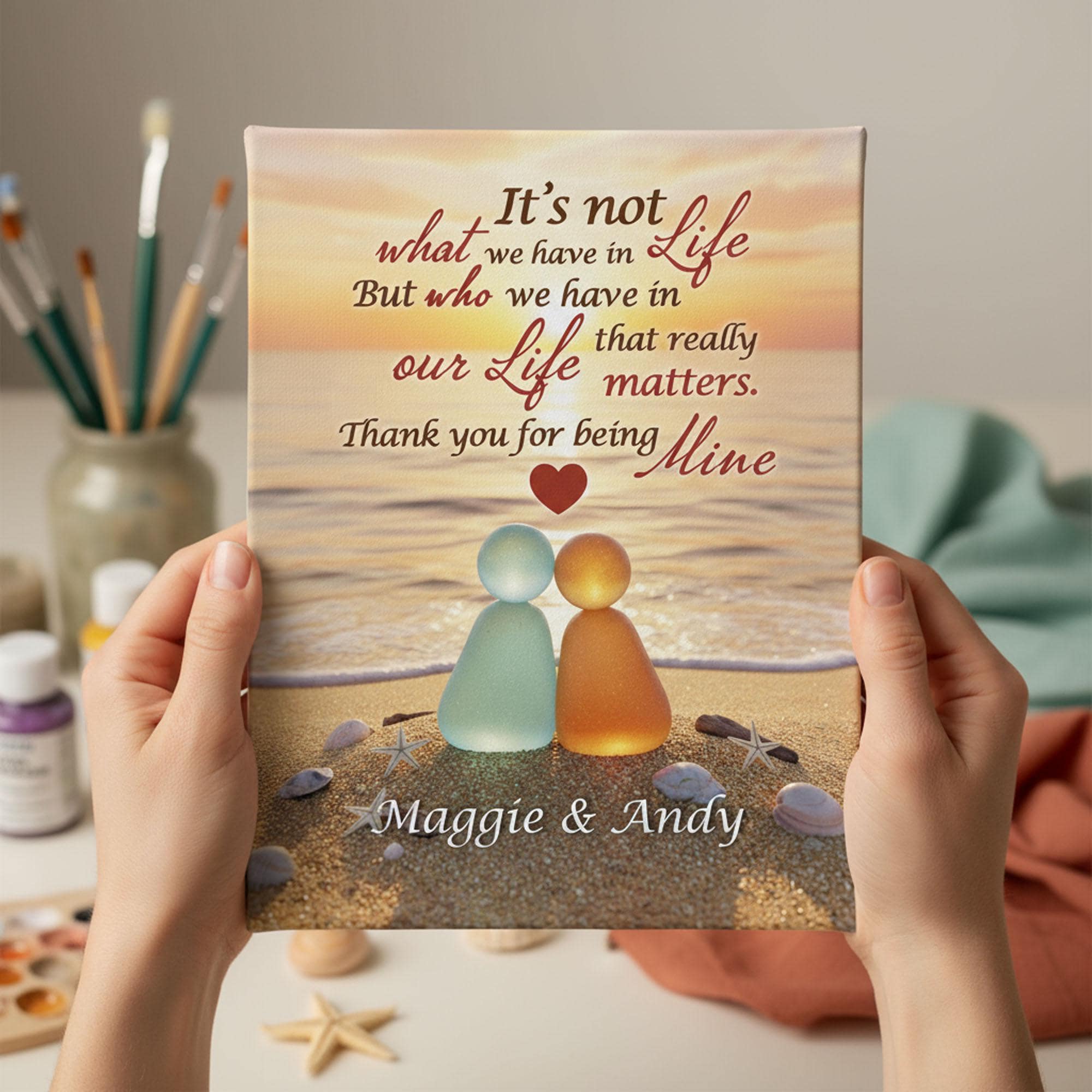 Custom Sea Glass Couple Canvas: Personalized Beach Sunset Anniversary Gift, Wedding Keepsake