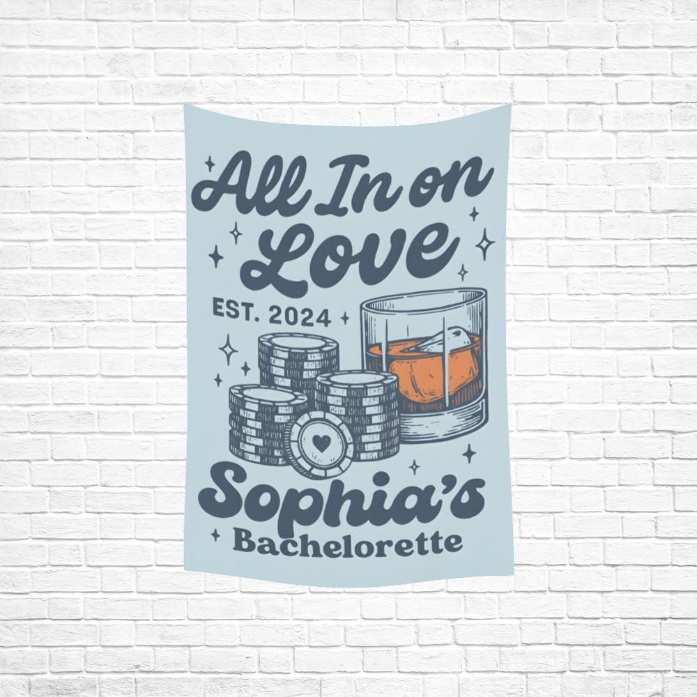 Bachelorette Tapestry, All In on Love, Custom Name and Date, Party Wall Banner, Pink or Blue