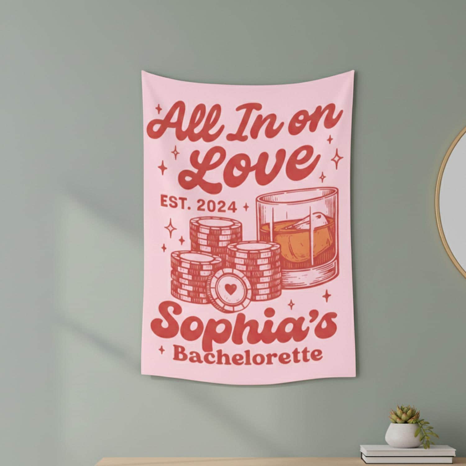 Bachelorette Tapestry, All In on Love, Custom Name and Date, Party Wall Banner, Pink or Blue