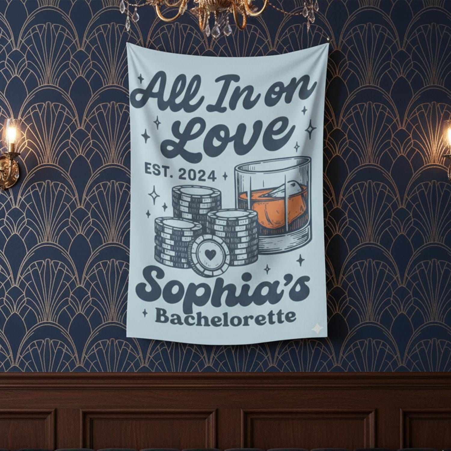 Bachelorette Tapestry, All In on Love, Custom Name and Date, Party Wall Banner, Pink or Blue