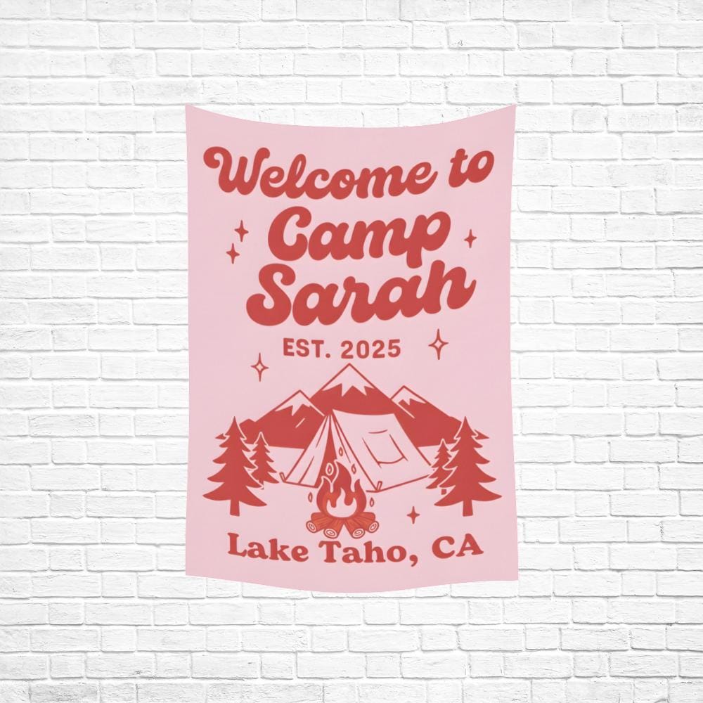 Camp Theme Tapestry, Custom Name and Location, Tent and Mountain Illustration, Party Wall Banner