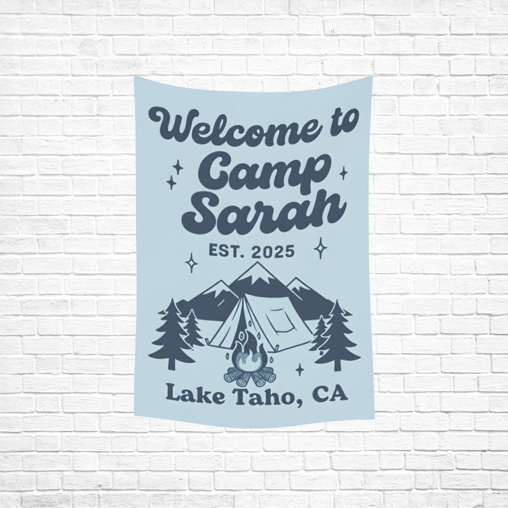 Camp Theme Tapestry, Custom Name and Location, Tent and Mountain Illustration, Party Wall Banner