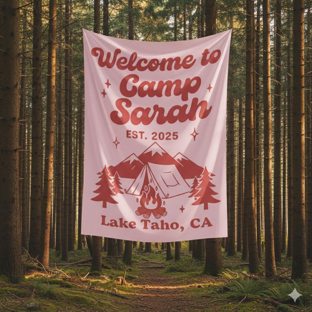 Camp Theme Tapestry, Custom Name and Location, Tent and Mountain Illustration, Party Wall Banner