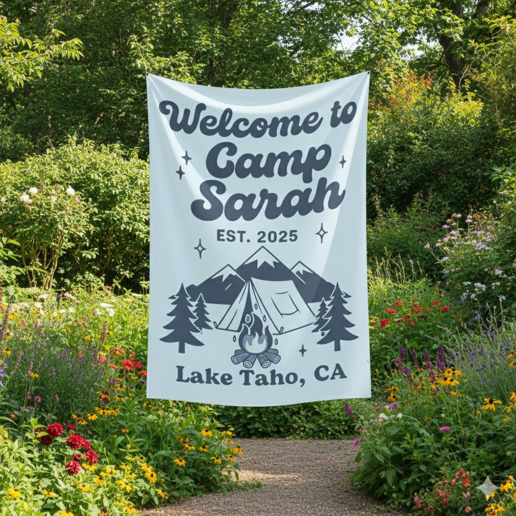 Camp Theme Tapestry, Custom Name and Location, Tent and Mountain Illustration, Party Wall Banner