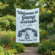 Camp Theme Tapestry, Custom Name and Location, Tent and Mountain Illustration, Party Wall Banner