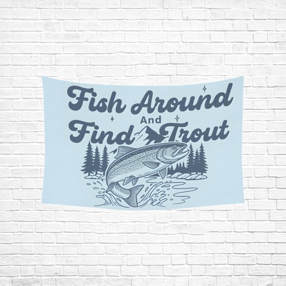 Trout Fishing Tapestry, Mountain and River Illustration, Wall Banner, Pink or Blue