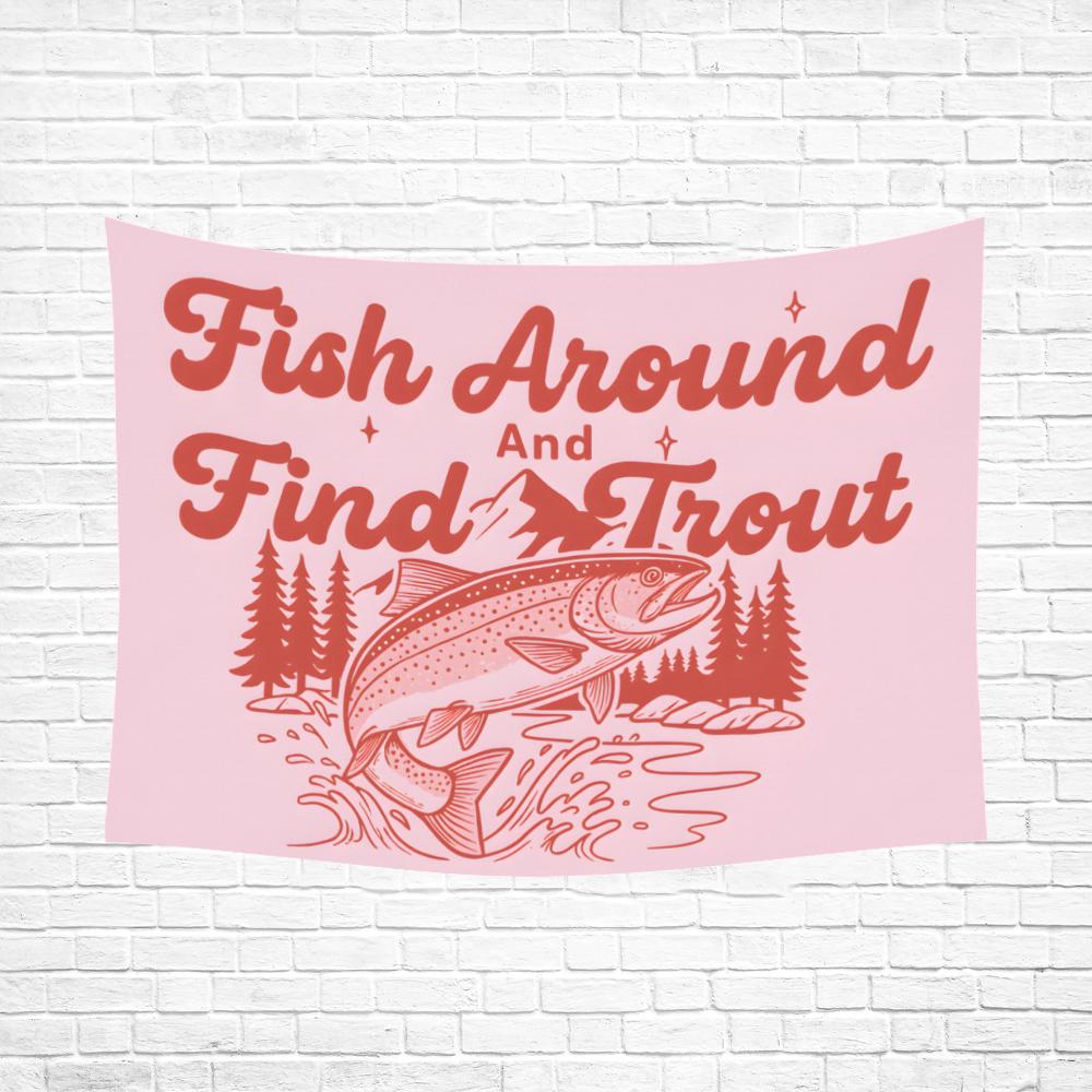 Trout Fishing Tapestry, Mountain and River Illustration, Wall Banner, Pink or Blue