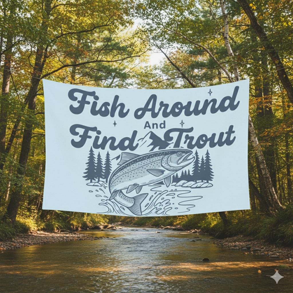 Trout Fishing Tapestry, Mountain and River Illustration, Wall Banner, Pink or Blue