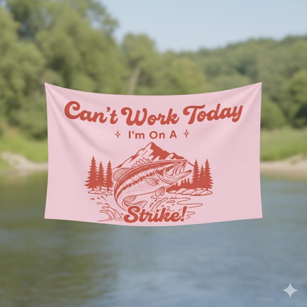 Fishing Tapestry: Bass Illustration, Mountain River Banner