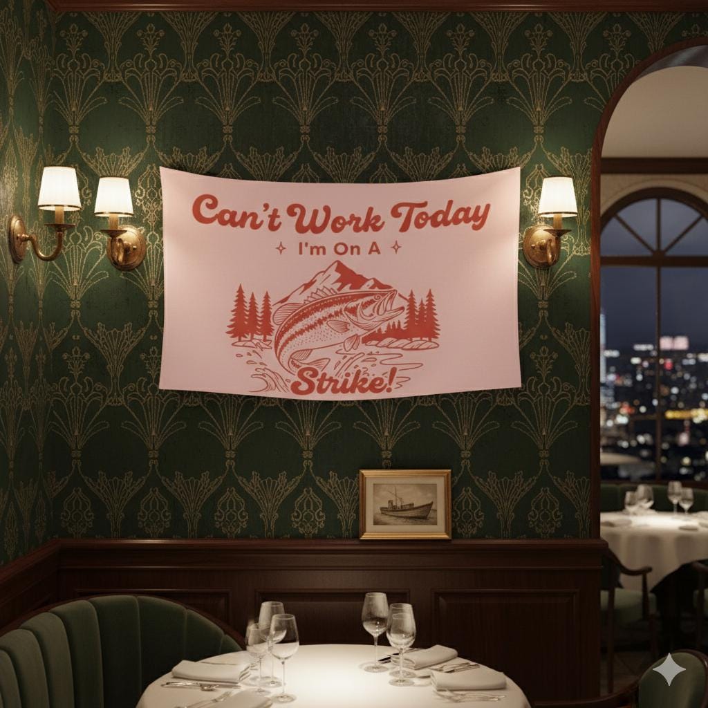 Fishing Tapestry, “Can’t Work Today I’m on a Strike”, Bass Illustration, Mountain River Banner