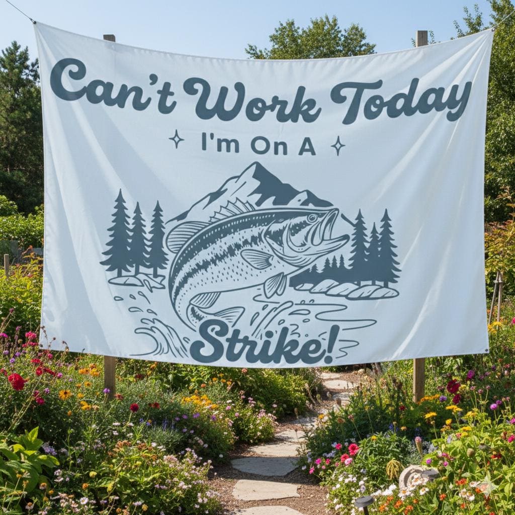 Fishing Tapestry, “Can’t Work Today I’m on a Strike”, Bass Illustration, Mountain River Banner
