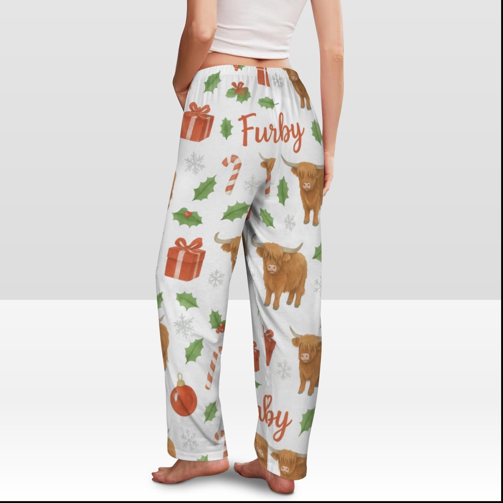 Custom Name Highland Cow Pajama Pants: Christmas Cow Lover Gift