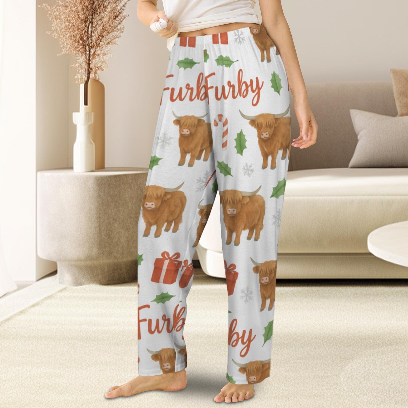 Custom Name Highland Cow Pajama Pants: Christmas Cow Lover Gift