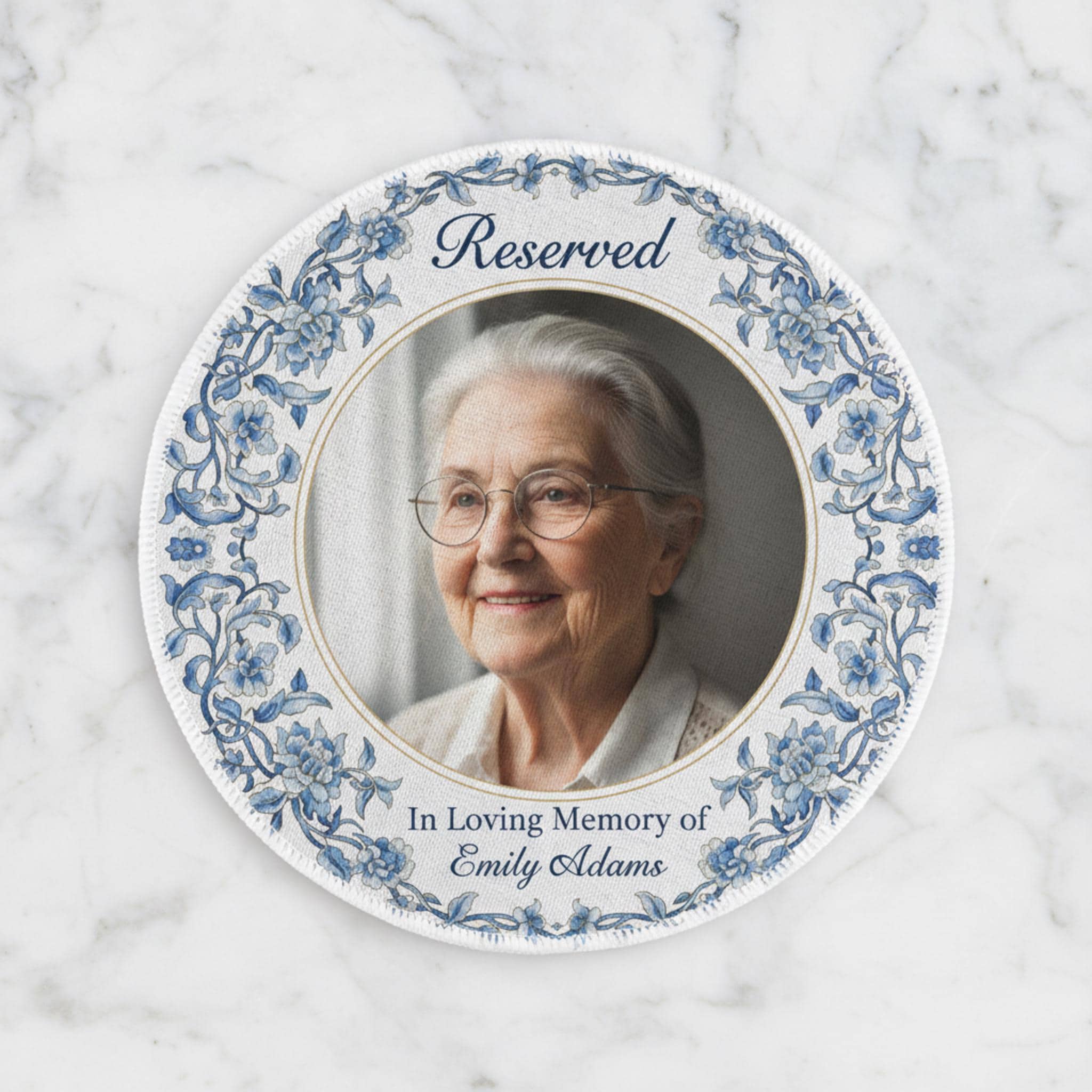 Personalized Photo Reserved Seat Sign: Memorial Chair Decor with Blue Chinoiserie Border