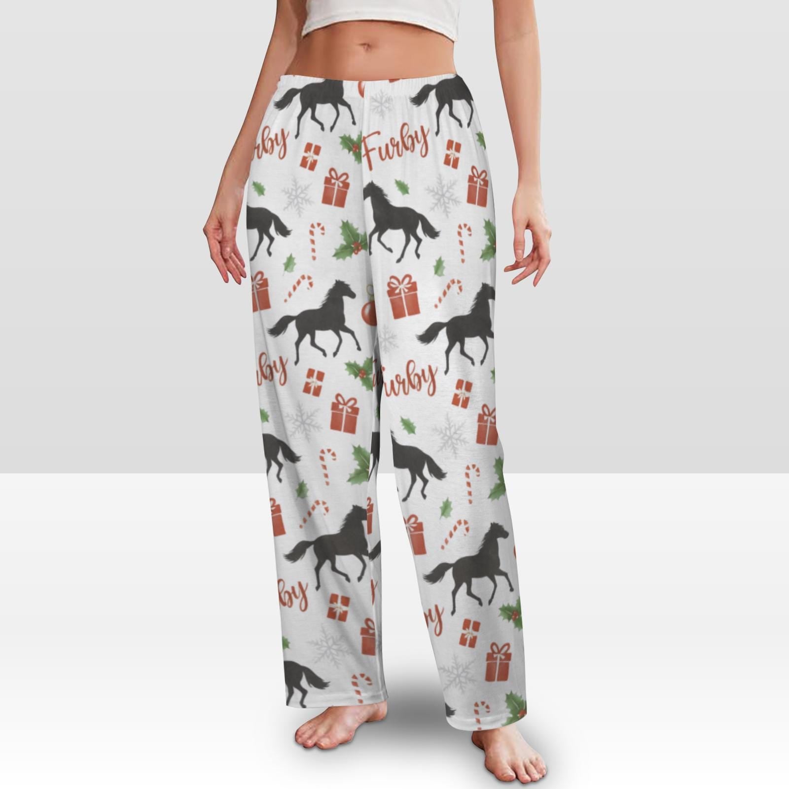 Horse Print Pajama Pants, Christmas Pattern, Elastic Waist, Women’s Loungewear