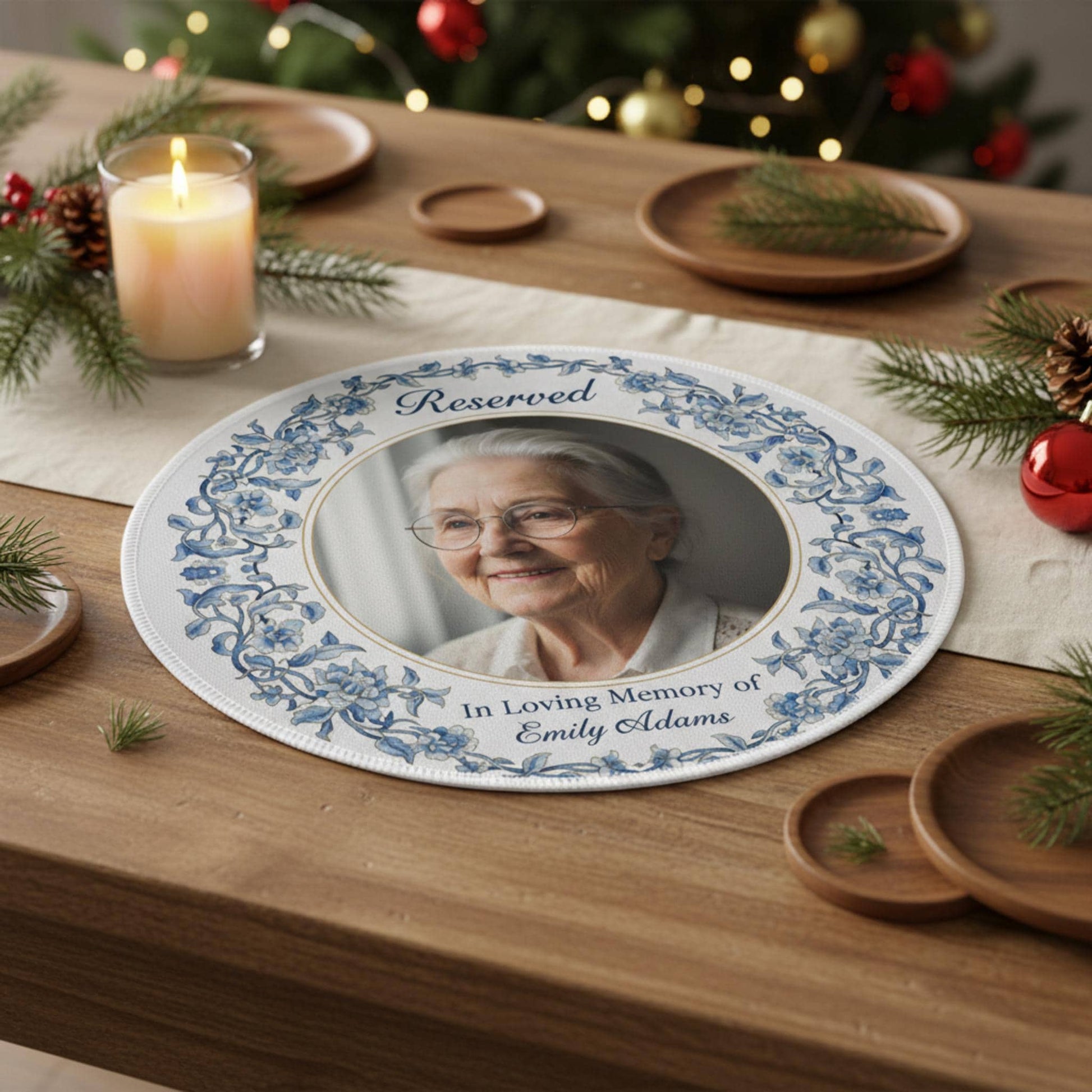 Personalized Photo Reserved Seat Sign: Memorial Chair Decor with Blue Chinoiserie Border