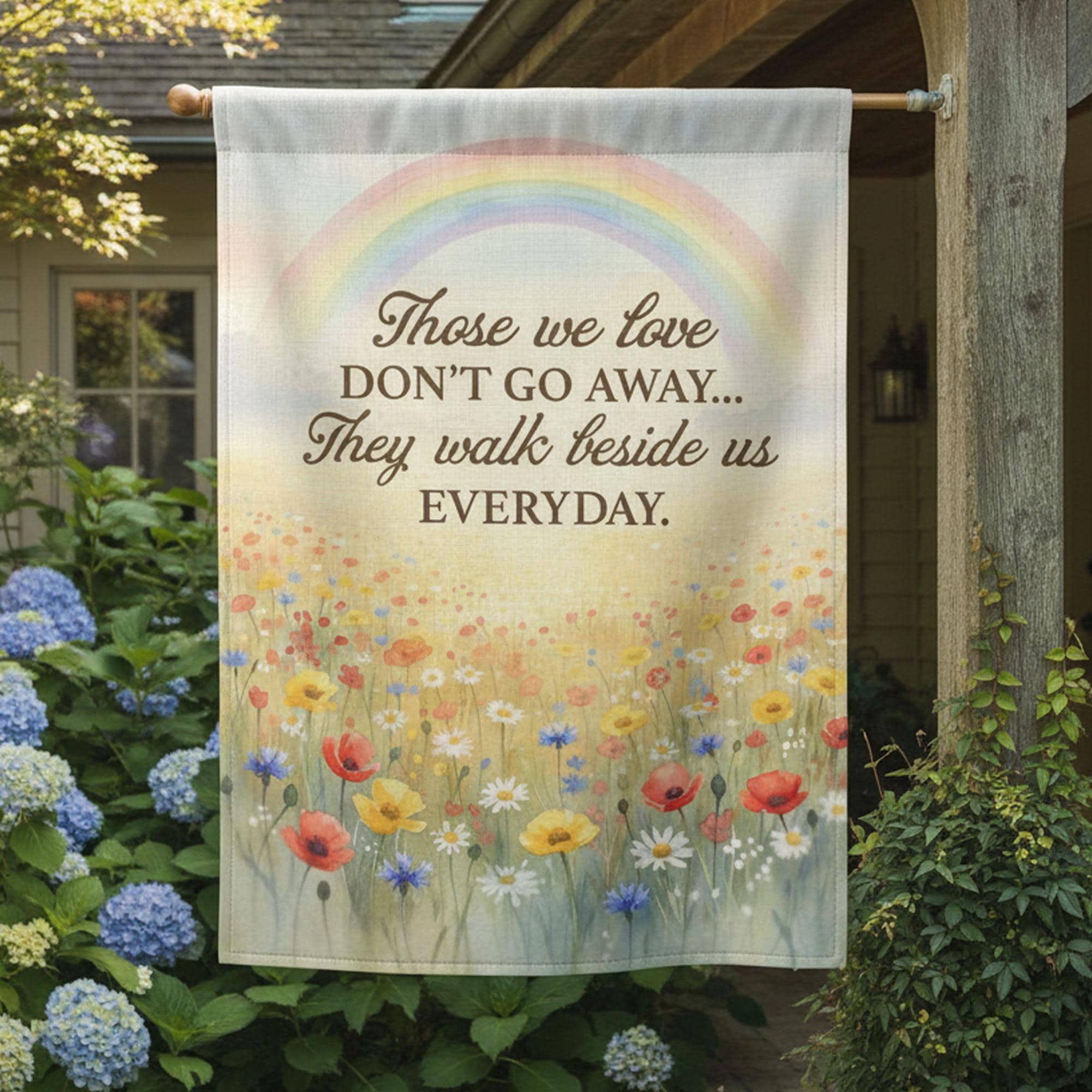 Weatherproof Memorial Garden Flag: Sympathy Remembrance Decor with Wildflower Meadow and Rainbow