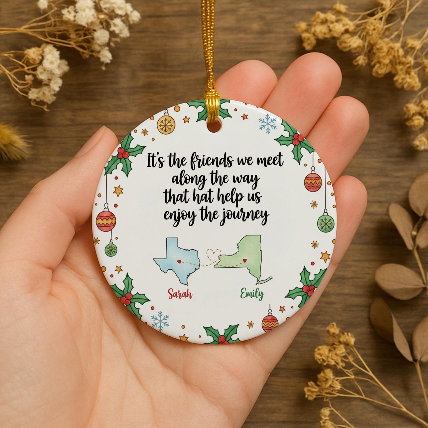 Long Distance Best Friend State Map Ceramic Ornament • Personalized Names • Two States • Round Holiday Decor • 2025
