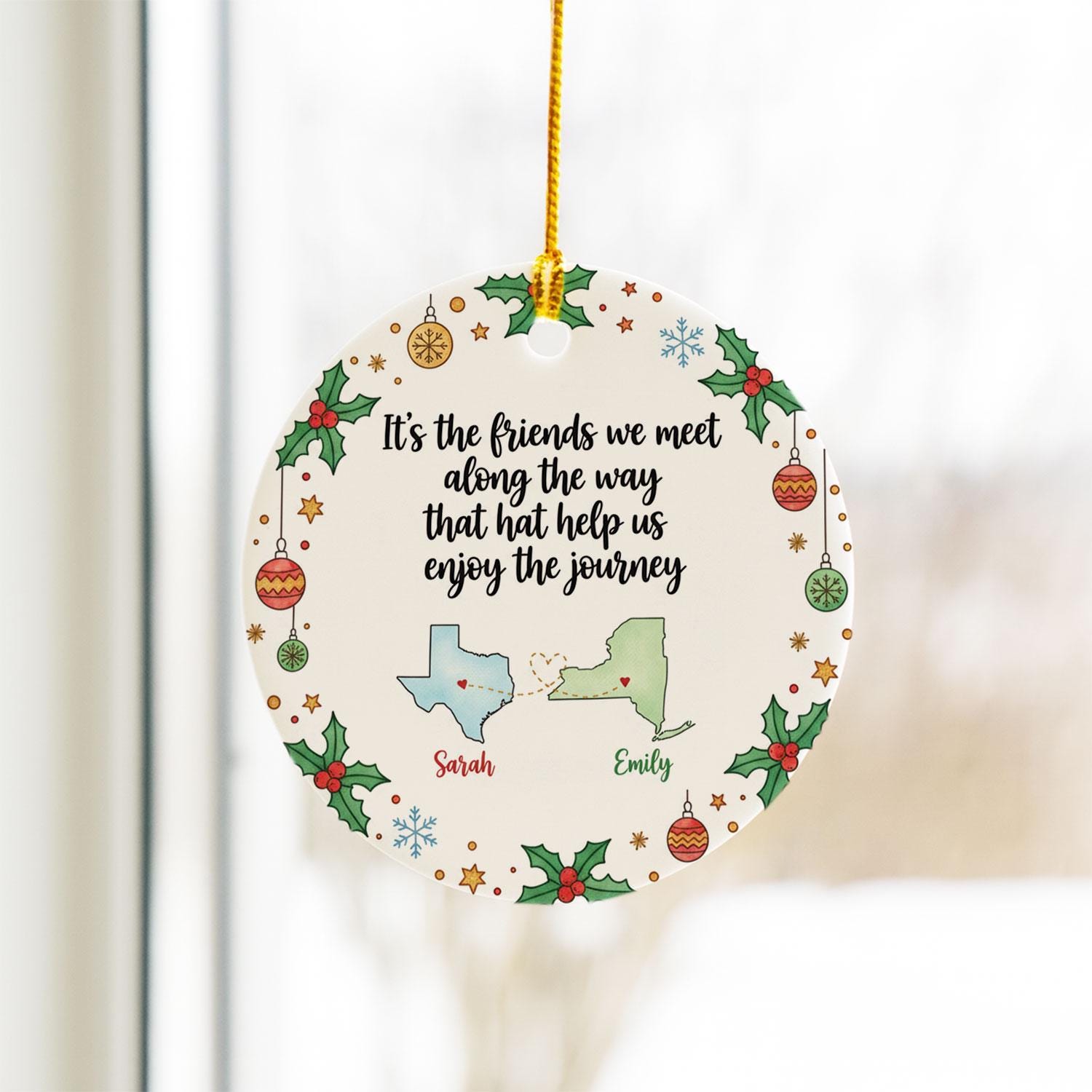 Long Distance Best Friend State Map Ceramic Ornament • Personalized Names • Two States • Round Holiday Decor • 2025