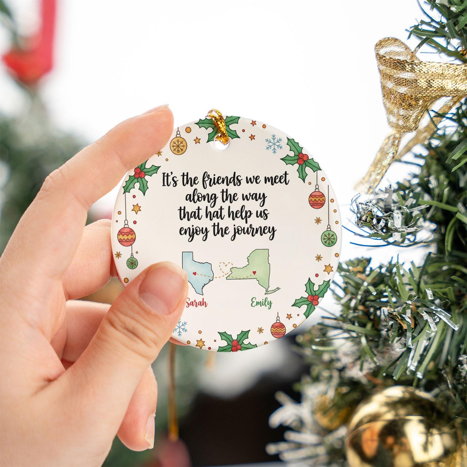 Long Distance Best Friend State Map Ceramic Ornament • Personalized Names • Two States • Round Holiday Decor • 2025