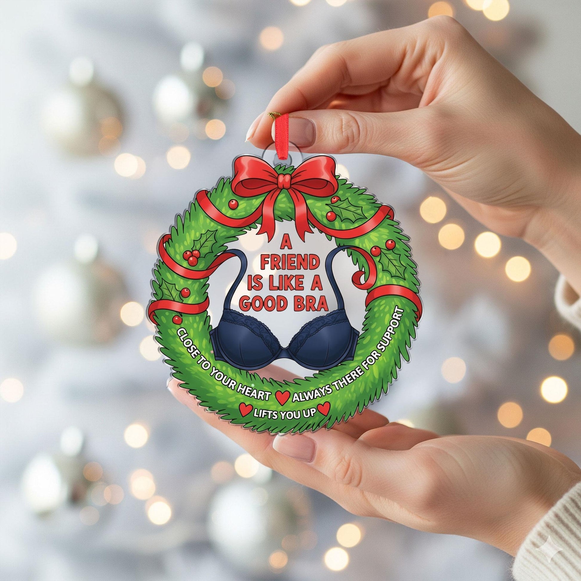 Bra Graphic Acrylic Wreath Ornament: Funny Friend Gift, Custom Name