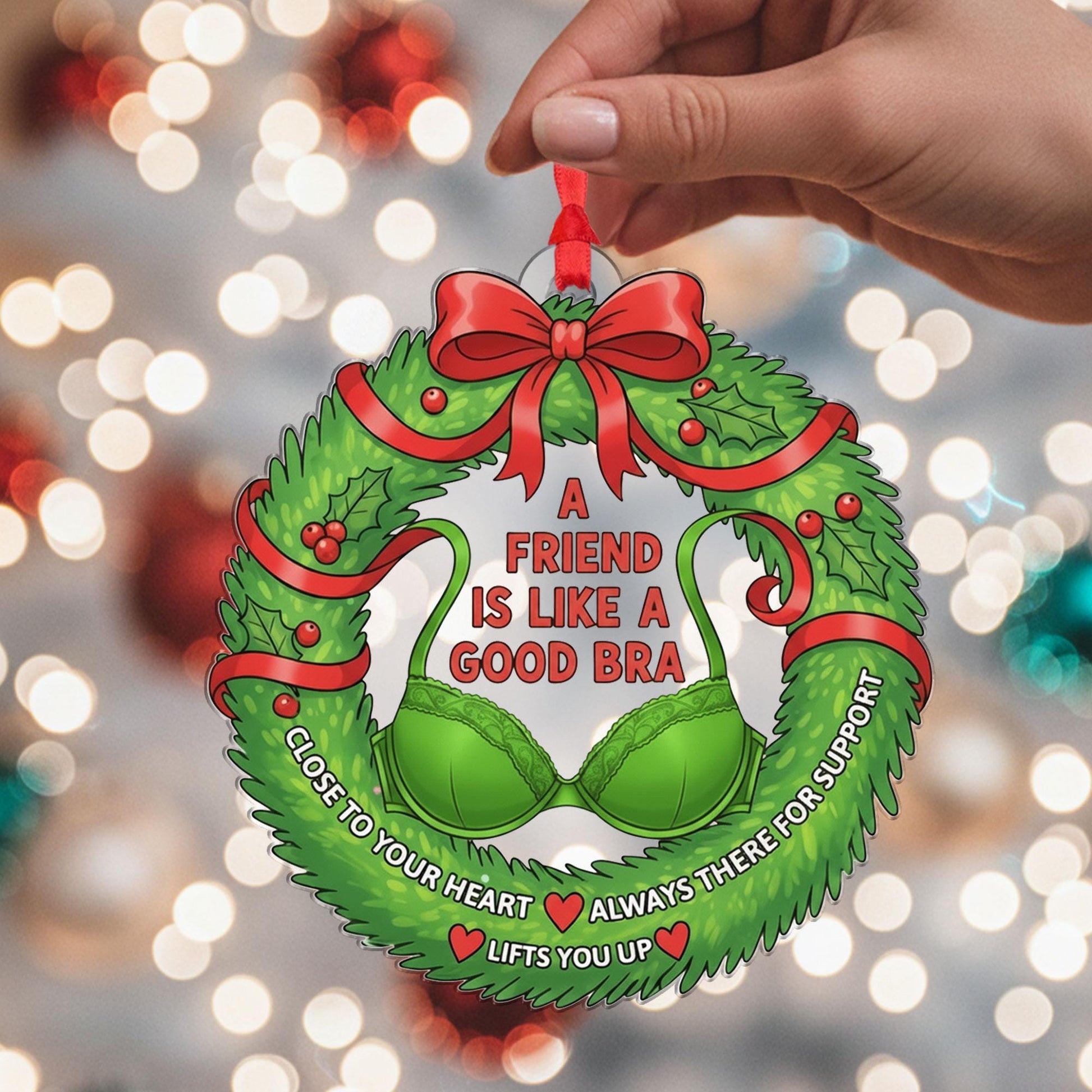 Bra Graphic Acrylic Wreath Ornament: Funny Friend Gift, Custom Name