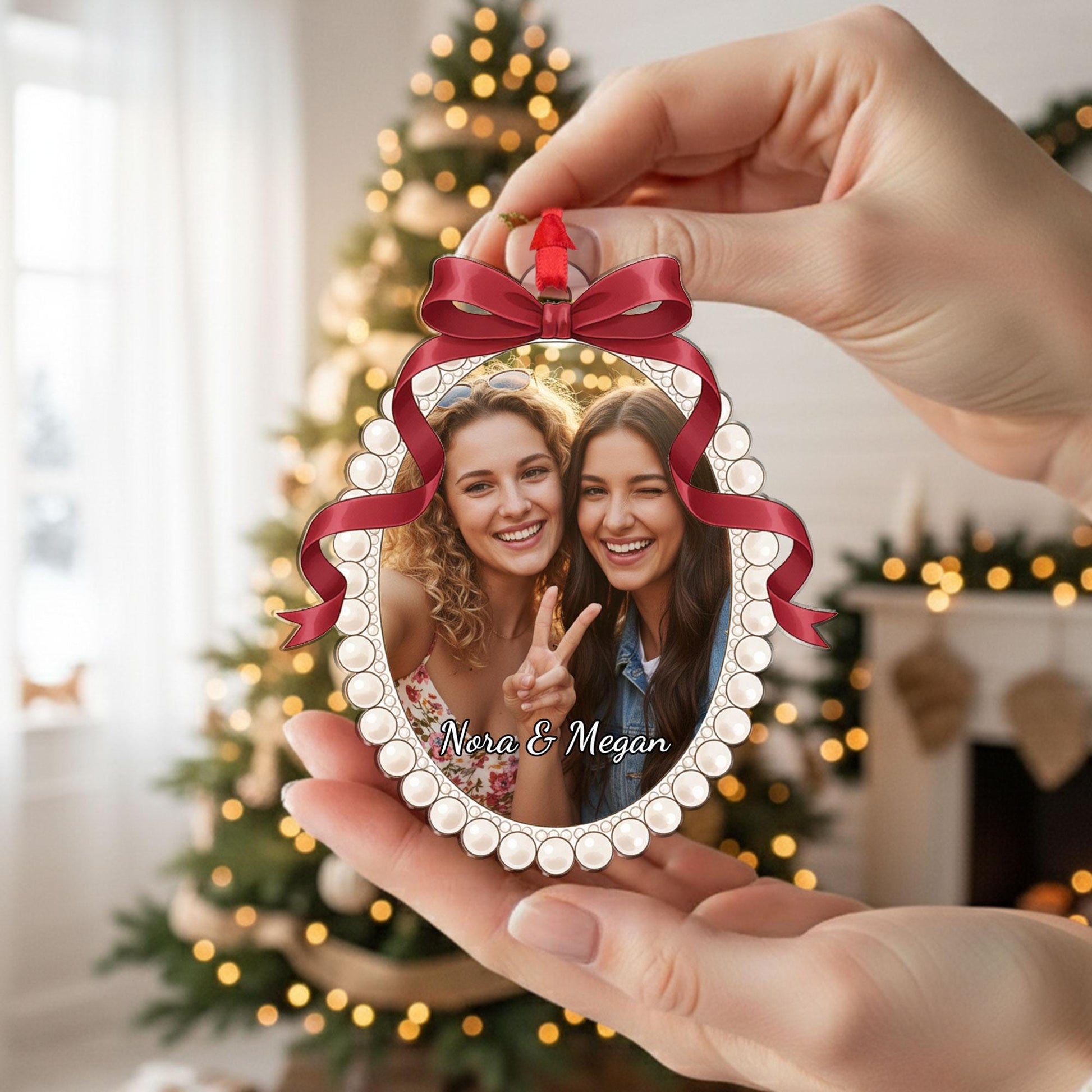 Oval Acrylic Photo Ornament, Best Friend Picture Frame with Bow, Custom Names and Year, Tree Decor