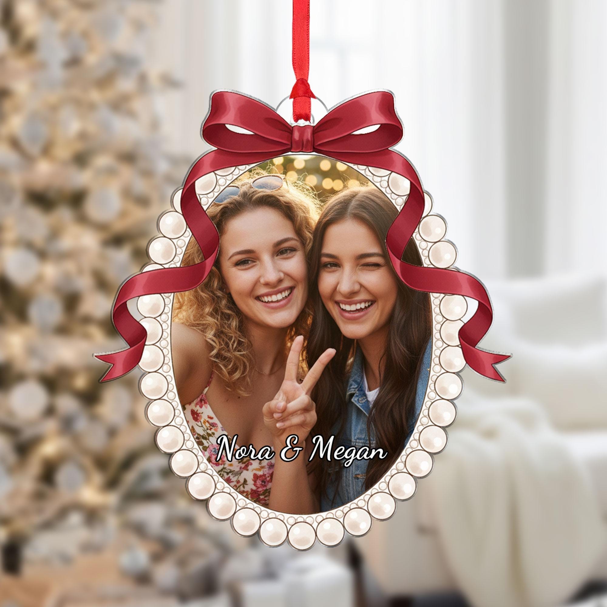 Oval Acrylic Photo Ornament, Best Friend Picture Frame with Bow, Custom Names and Year, Tree Decor