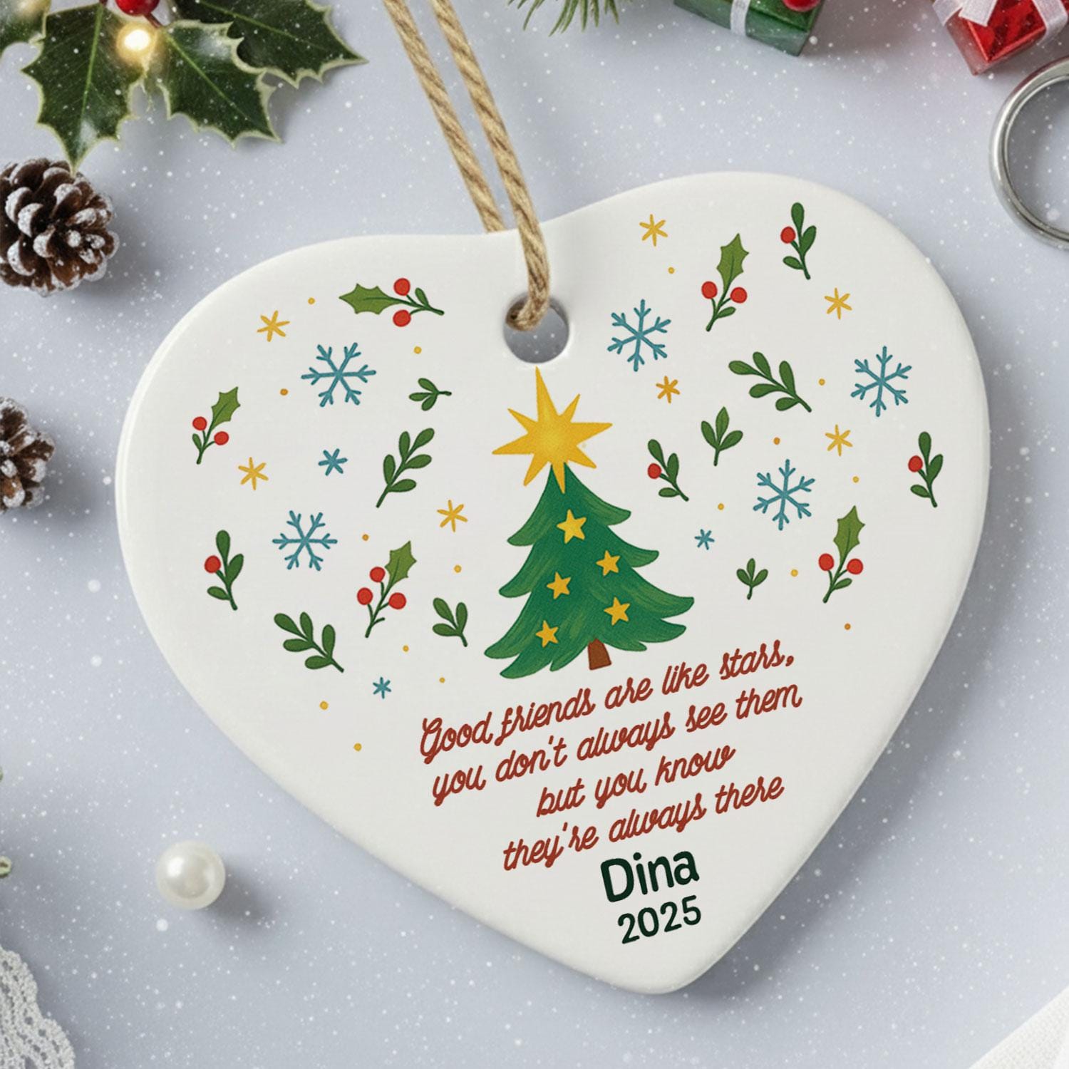 Heart Ceramic Ornament, Best Friend Tree Design, Custom Name & Year, Holiday Decor